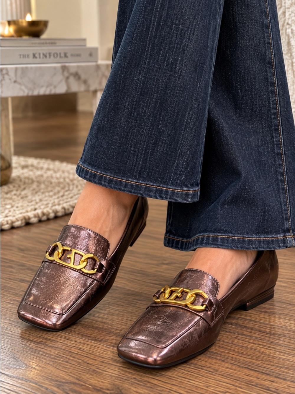 Franco Sarto Tiari Loafer Metallic Brown Gold Chain Square Toe Flats Size 8.5 M